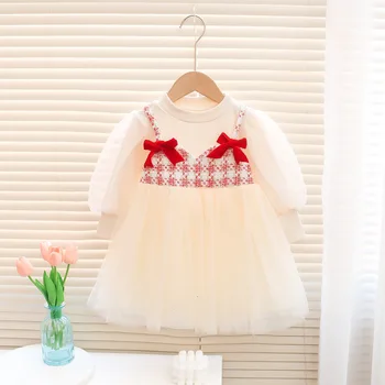 2023 Новое платье с длинными рукавами для девочек, весенне-осенняя юбка принцессы с круглым вырезом, детская одежда, юбка поколения