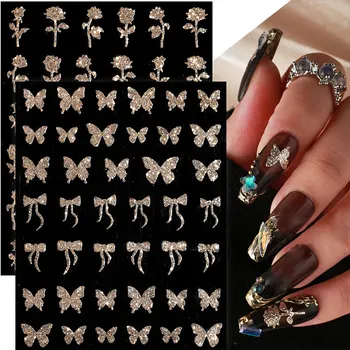 3D Золотая наклейка для ногтей, блестящая бабочка, роза, французские светоотражающие слайдеры для ногтей, маникюр, украшение для ногтей