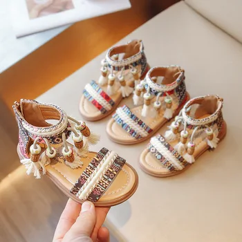 Girls Summer Sandals Colorful New Baby Sandals Ethnic Style Tassel Beaded Children Shoes сандалии для девочек босоножки