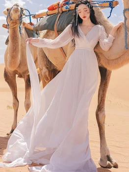 Khalee Yose Boho Повседневное шикарное платье Макси из белого шифона с V-образным вырезом, Летнее праздничное женское платье с длинным рукавом и открытой спиной, прозрачное Сексуальное платье Vestidos