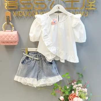 Детский комплект, новая летняя модная блузка для девочек с коротким рукавом, топ, джинсовые кружевные шорты, повседневные штаны для малышей в корейском стиле, джинсы от 2 до 7 лет