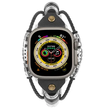 Для Apple Watch Ultra 8 7 49 мм 45 мм 41 мм Ковбойский Ремешок из Нержавеющей Стали + Кожаный Ремешок Strong Man на Запястье iWatch SE 6 5 4 3 44 мм 42 мм