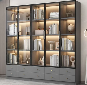 Книжный шкаф со стеклянной дверцей, встроенный во всю стену, современная комбинация шкафов для гостиной и кабинета