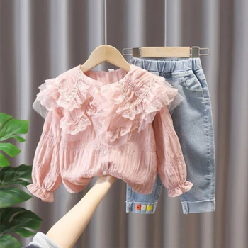 Комплект одежды для девочек, Осень-весна, Новая кружевная рубашка с длинными рукавами, топ и джинсы, джинсовые брюки, модная детская одежда для девочек