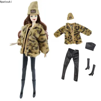 Коричневый леопардовый комплект модной кукольной одежды для Барби Наряды 1/6 Аксессуары для кукол для Барби Пальто Топ Укороченные брюки Шляпа Ботинки