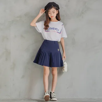 Летний комплект одежды для девочек-подростков 2022, детская футболка с корейским принтом, юбка с рюшами, детская одежда из 2 предметов, одежда для девочек 12-14 лет