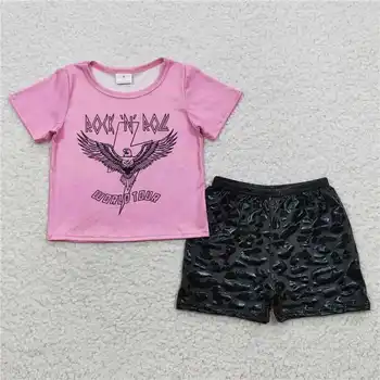Летний костюм для девочек с короткими рукавами, Розовый топ, Кожаные брюки, Черные Кожаные брюки, Шорты, Летняя одежда для девочек