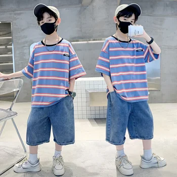 Летняя одежда для мальчиков, детский комплект из верха и низа, комплект из двух предметов, бесплатная доставка, от 4 до 16 лет, детская одежда в корейском стиле 2023
