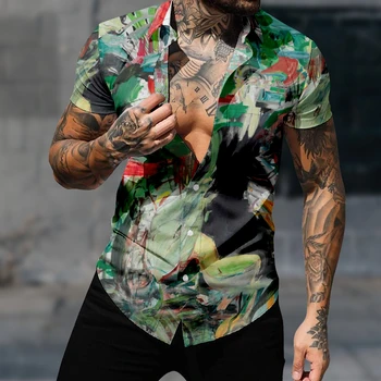 Мужская модная рубашка с рисунком масляной живописи в гавайском стиле с 3D принтом, уютная повседневная пляжная одежда большого размера с коротким рукавом