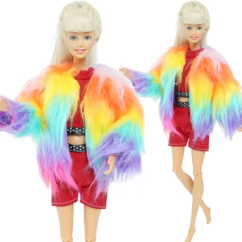 Наряд куклы BJDBUS для куклы Барби, праздничная одежда, радужная шуба, Красная футболка, короткие штаны, зимняя праздничная одежда, детская игрушка для игр
