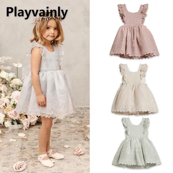 Новое летнее платье для маленьких девочек, кружевное платье в стиле пэчворк с рюшами, однотонное платье с круглым воротником и без рукавов, одежда для сладкой принцессы E23284