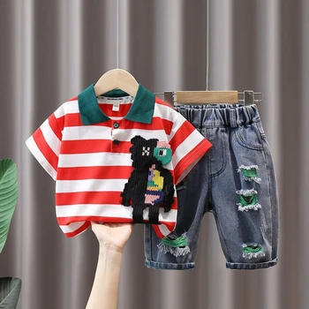 Новые Летние Комплекты одежды для мальчиков от 2 до 10 лет, Детская Футболка в полоску + Джинсовые Шорты, Комплекты одежды из 2 предметов для Детей, Комплекты одежды