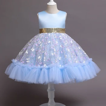 Новые нарядные платья принцессы с бабочкой и цветком для маленьких девочек, детские платья-пачки с пайетками, свадебная вечерняя одежда для девочек