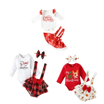 Новый Рождественский комплект одежды для маленьких девочек, осеннее боди с длинными рукавами и оборками с принтом Санта-Клауса + комбинезон на подтяжках