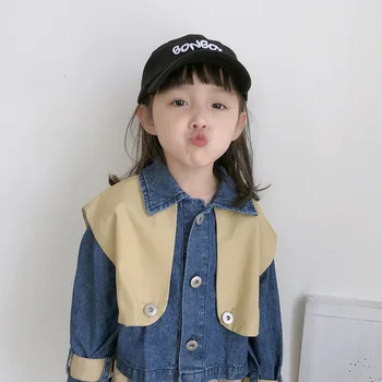 2021 Джинсовая куртка для девочек + жилет 2 шт., детская Ветрозащитная уличная куртка, Школьная верхняя одежда для детей, подарок, Корея, Дети