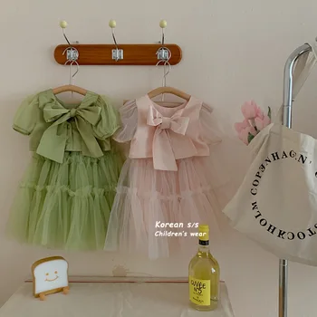 2023, Комплект из 2 предметов для корейских девочек, Рубашка с бантом + юбка, Летние Модные Детские костюмы 2-8 лет