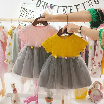 2023 Летнее платье для маленьких девочек, юбка принцессы в корейском стиле, детская одежда с коротким рукавом, короткие платья в горошек с милым кроликом для девочек