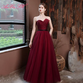 AnXin SH princess винно-красное кружевное вечернее платье винтажное без бретелек с оборками, расшитое бисером, черные пояса, вечернее платье трапециевидной формы для невесты
