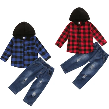 FOCUSNORM/ осенние повседневные комплекты одежды для маленьких мальчиков в клетку с капюшоном и принтом, однобортная куртка, топы, джинсовые брюки, 2 шт.