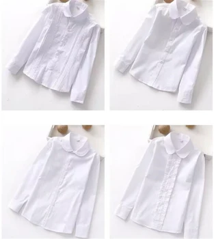 Белая блузка для девочек, осенняя одежда из мягкого хлопка с длинными рукавами, одежда для маленьких девочек, базовая рубашка с рюшами и воротником, школьная одежда для девочек