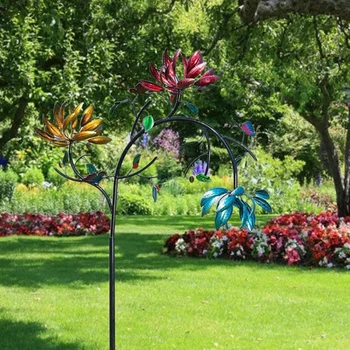 Большой металлический спиннер с тремя вращающимися цветами, бабочками, скульптурой ветряной мельницы для декора сада на открытом воздухе