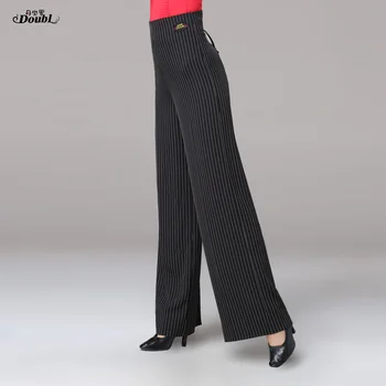 Брюки для латиноамериканских танцев с высокой талией, женские прямые длинные брюки в полоску с широкими штанинами, женские современные брюки для танцев национального стандарта H676