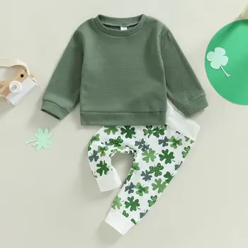 Весенние комплекты осенней одежды Citgeett на День Святого Патрика для новорожденных девочек, зеленые топы с длинными рукавами + брюки с принтом клевера, одежда