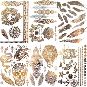 Временные татуировки из хны с львиным пером для женщин и мужчин, реалистичные поддельные татуировки в виде черепа, черепахи, змеи, DIY, моющиеся золотые тату-наклейки