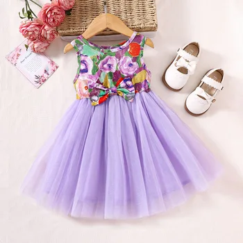 Детская одежда, Летние платья для девочек 2023, Тюлевое платье без рукавов с милым бантом, фиолетовый Сетчатый Газовый Праздничный сарафан принцессы