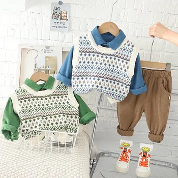 Детский весенне-осенний костюм, милый свитер-жилетка, детская одежда, жилет с длинными рукавами, комплекты одежды из 3 предметов для маленьких мальчиков