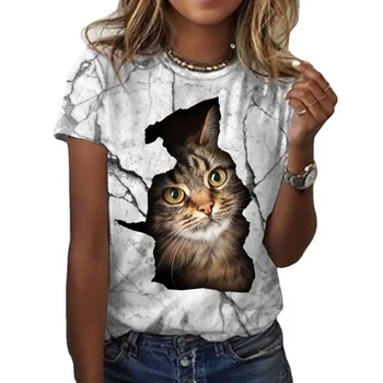 Женская хлопковая футболка большого размера с круглым воротником и короткими рукавами, с милым котенком, большого размера, свободные модели женских футболок