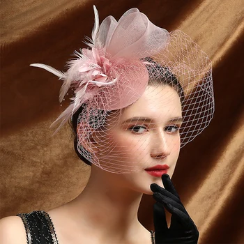 Женская шляпа-чародейка с цветочной сеткой, лентами, перьями, фетровая шляпа, повязка на голову или заколка для коктейльного чаепития, головной убор для девочек