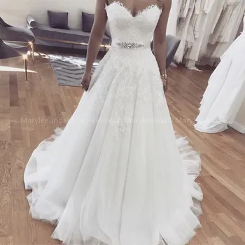 Женское свадебное платье Трапециевидной формы с поясом из страз и бриллиантов, Элегантная Кружевная аппликация, большие размеры белых свадебных платьев, Vestidos