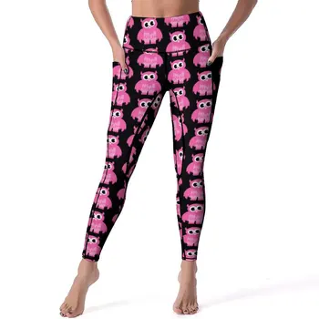 Забавные розовые Совиные качественные штаны для йоги, леггинсы с мультяшными животными, Сексуальные леггинсы для спортзала, женские эластичные спортивные колготки Kawaii