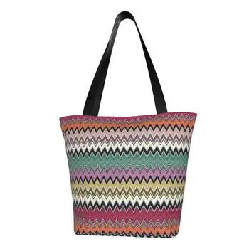 Изготовленные на заказ красочные холщовые сумки с зигзагообразным шевроном для покупок, женские многоразовые сумки для покупок в богемном геометрическом стиле
