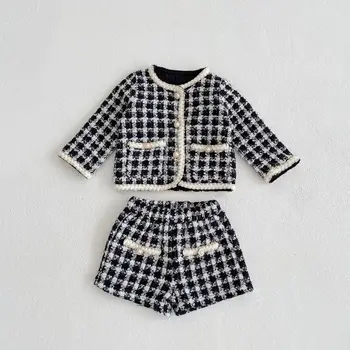 Комплект одежды для девочек 2023, Весенний детский Твидовый костюм-двойка в клетку для девочек, куртка + короткие брюки, костюм для милой девочки