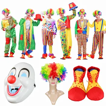 Костюм клоуна, красный нос клоуна, Обувь, Шляпа, парик радужного клоуна и перчатки для косплея взрослых