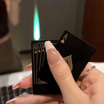 Креативная металлическая ветрозащитная зажигалка для игральных карт, факел с зеленым пламенем, бутановая зажигалка, аксессуары для сигарет, мужской подарок