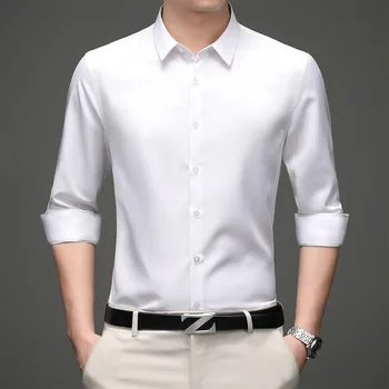 Легкая в уходе рубашка, Официальная деловая Гладкая Мягкая Офисная/рабочая одежда стандартной посадки, мужская рубашка с микро-растяжкой, длинный рукав, приталенный крой