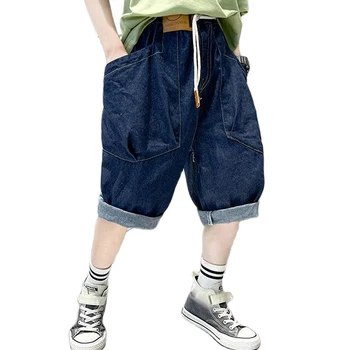 Летние джинсы Для мальчиков, однотонные джинсовые брюки для мальчиков, Короткие детские брюки в повседневном стиле для детей, одежда для подростков 6, 8, 10, 12, 14 лет