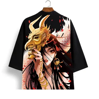 Летняя черная пляжная Юката с мультяшной маской, традиционное японское кимоно Хаори, мужской женский кардиган, азиатская одежда большого размера