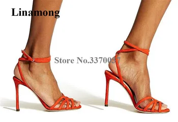 Модный дизайн, Женские кожаные сандалии на шпильке с открытым носком, Оранжевые серебристые тонкие ремешки, туфли на высоком каблуке с перекрестными каблуками