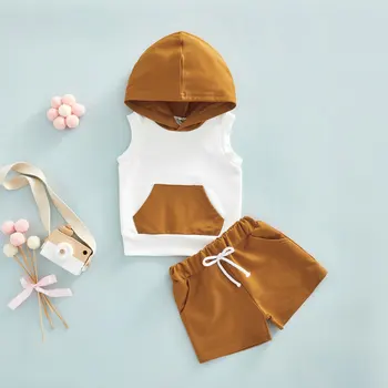 Модный летний комплект одежды для новорожденных мальчиков, контрастные майки без рукавов с капюшоном и карманом + шорты с эластичной резинкой на талии, повседневная одежда