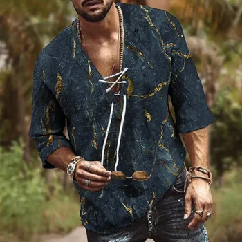 Мужская повседневная модная рубашка с принтом на шнурке, Пляжный Летний пуловер с V-образным вырезом и коротким рукавом