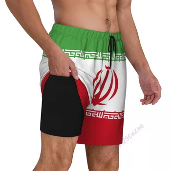 Мужские плавки с 3D рисунком флага Ирана с компрессионной подкладкой 2 в 1, быстросохнущие летние шорты для плавания с карманами