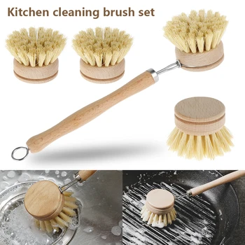 Набор деревянных кухонных щеток для мытья посуды, щетка для сковороды с длинной ручкой и 4 сменными насадками, натуральный инструмент для чистки посуды, кастрюль, бытовой