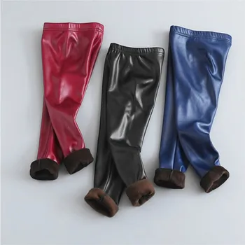 Осенне-зимние кожаные брюки для девочек из плотного бархата, детские леггинсы из искусственной кожи, детские брюки-карандаш, детские теплые брюки, узкие брюки