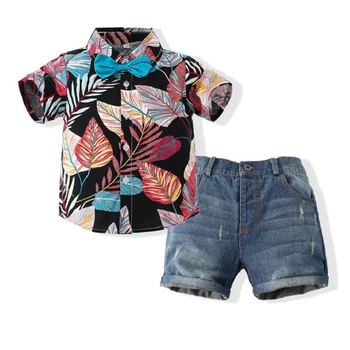 Праздничная одежда для мальчиков 1, 2, 3, 4, 5 лет, летняя рубашка с короткими рукавами и принтом листьев, детская модная пляжная одежда, детский хлопковый комплект