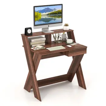 Рабочий письменный стол Costway Компьютерный стол небольшого размера с выдвижным ящиком и подставкой для монитора Орех