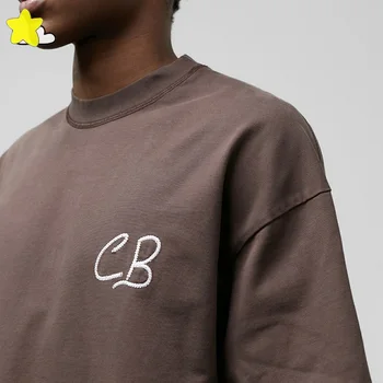 Футболка из плотной ткани с нашивкой из хлопка с вышитым логотипом Cole Buxton для мужчин и женщин 1: 1, коричневые футболки CB, футболки оверсайз, внутри бирки